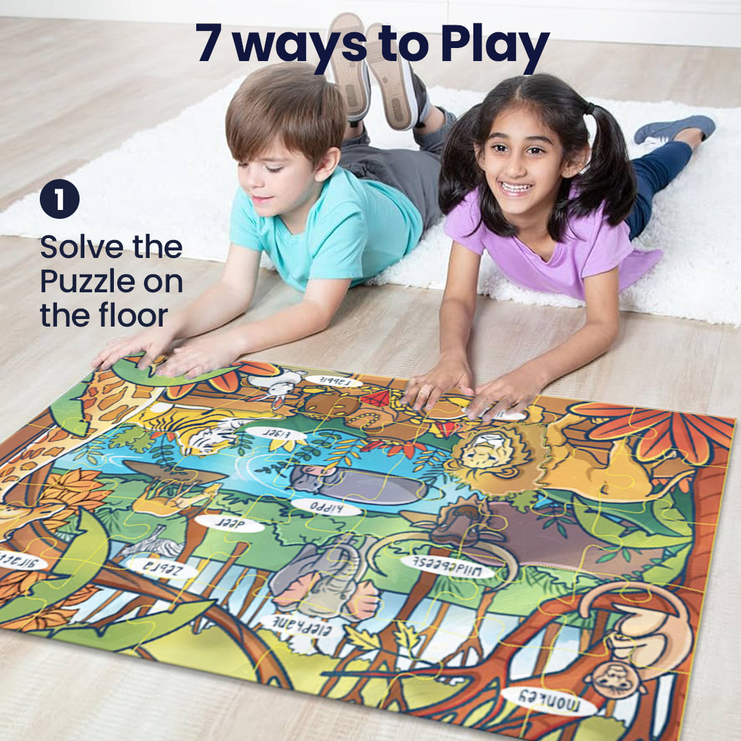 child playing jungle mystery puzzle on floor