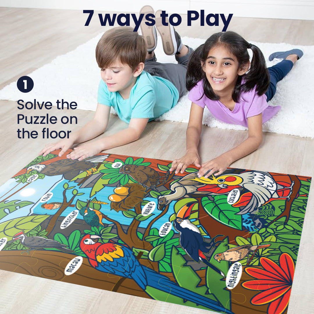 Children playing bird mystery puzzle on floor
