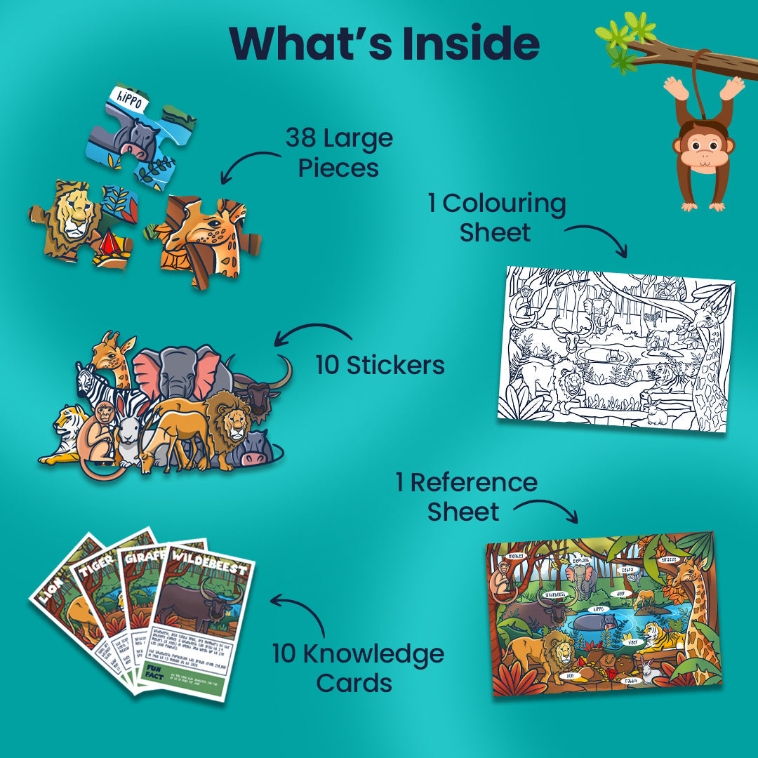 Jungle Animals Wooden Floor Puzzle (Ages 3+) with Flash Cards