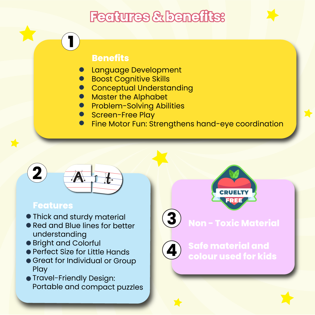 Features and benefits of capital and small letters puzzle