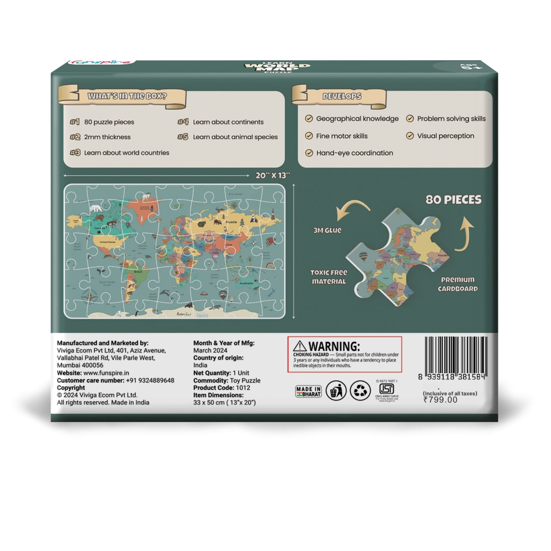 World Map Educational Puzzle 80 Pieces (Ages 5+)