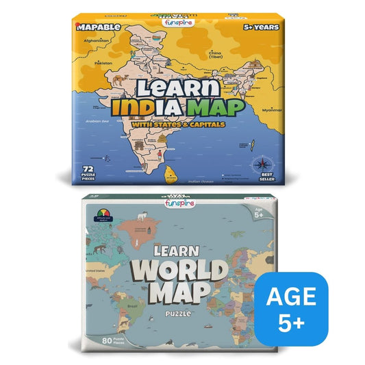 World map and India map puzzle for 5 + age combo pack